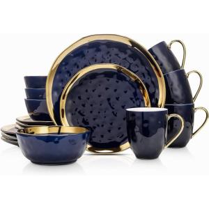 imageStone Lain Modern Poreclain 16 Piece Dinnerware Set Plates and Bowls Set Dish set for 4 White And Golden RimBlue with Gold Rim