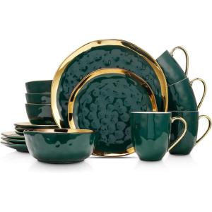 imageStone Lain Modern Poreclain 16 Piece Dinnerware Set Plates and Bowls Set Dish set for 4 White And Golden RimGreen with Gold Rim