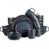 imageStone Lain Tom Stoneware 16Piece Reactive Glaze Dinnerware Set Plates and Bowls Set Microwave and Dishwasher Safe Dish Set for 4 OliveGrey and Blue