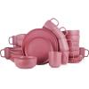 imageStone Lain Tom Stoneware 16Piece Reactive Glaze Dinnerware Set Plates and Bowls Set Microwave and Dishwasher Safe Dish Set for 4 OlivePink and White