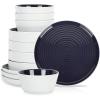 imageStone Lain Elica 12Piece Modern Dinnerware Set Stoneware Plates and Bowl Sets for 4 Blue and GreyNavy and White