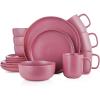 imageStone Lain Tom Stoneware 16Piece Reactive Glaze Dinnerware Set Plates and Bowls Set Microwave and Dishwasher Safe Dish Set for 4 OlivePink and White