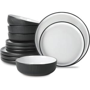 imageChristian Siriano Laro 12Piece Stoneware Dinnerware Set Plates and Bowls Set Microwave and Dishwasher Safe Dish Set for 4 GreenBlack