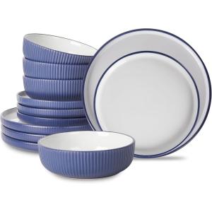 imageChristian Siriano Laro 12Piece Stoneware Dinnerware Set Plates and Bowls Set Microwave and Dishwasher Safe Dish Set for 4 GreenDark Blue