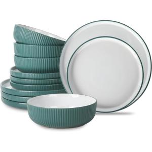 imageChristian Siriano Laro 12Piece Stoneware Dinnerware Set Plates and Bowls Set Microwave and Dishwasher Safe Dish Set for 4 GreenGreen