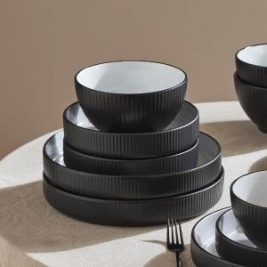 imageChristian Siriano Larosso 12Piece Stoneware Dinnerware Set with Dinner Bowls and Pasta Bowls Plates and Bowls Set Dish Set for 4 Dark BlueBlackWhite