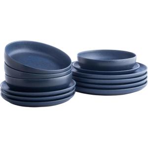 imagePorto by Stone Lain Semplice 12Piece Premium Kitchen ampamp Dining Dinnerware Set Stoneware White Matte Crafted in Portugal Dishwasher and Microwave Safe ScratchResistant Dish Set for 4Macchio  Blue Matte