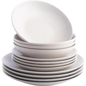 imagePorto by Stone Lain Semplice 12Piece Premium Kitchen ampamp Dining Dinnerware Set Stoneware White Matte Crafted in Portugal Dishwasher and Microwave Safe ScratchResistant Dish Set for 4Semplice  White Matte