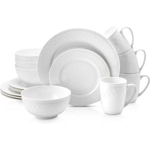 imageStone Lain Bone China Pinpoint Embossed 16 Piece Dinnerware Set WhiteBasket  White