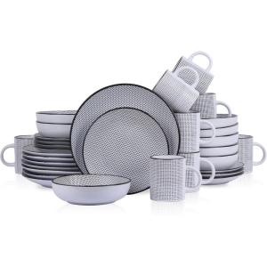 imageStone Lain Daisy Stoneware 32piece Round Dinnerware Set Daisy  White and BlackDaisy  White and Black