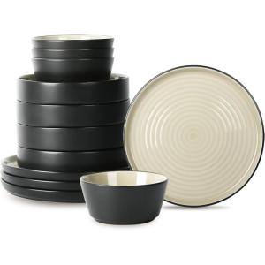 imageStone Lain Elica 12Piece Modern Dinnerware Set Stoneware Plates and Bowl Sets for 4 Blue and GreyBeige and Black
