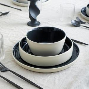 imageStone Lain Elica 12Piece Modern Dinnerware Set Stoneware Plates and Bowl Sets for 4 Blue and GreyBlack and Beige