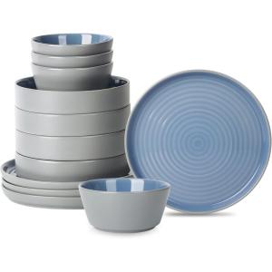 imageStone Lain Elica 12Piece Modern Dinnerware Set Stoneware Plates and Bowl Sets for 4 Blue and GreyBlue and Grey