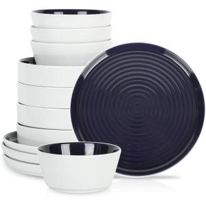 imageStone Lain Elica 12Piece Modern Dinnerware Set Stoneware Plates and Bowl Sets for 4 Blue and GreyNavy and White