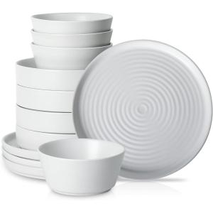 imageStone Lain Elica 12Piece Modern Dinnerware Set Stoneware Plates and Bowl Sets for 4 Blue and GreyWhite