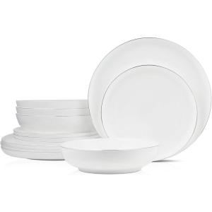 imageStone Lain Gabrielle Bone China Dinnerware Set 12Piece Service for 4 White and PlatinumWhite and Platinum