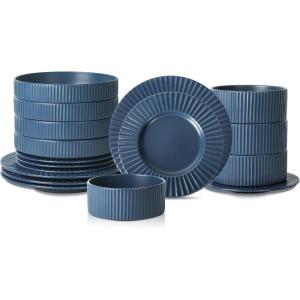imageStone Lain Lusso Stoneware Dinnerware Set 16Piece  Service for 4 WhiteAsh Blue