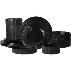 imageStone Lain Lusso Stoneware Dinnerware Set 16Piece  Service for 4 WhiteBlack