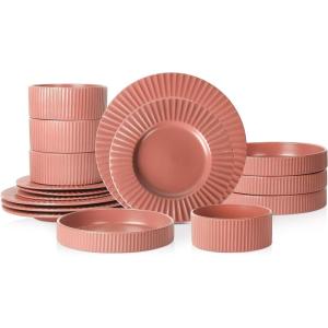 imageStone Lain Lusso Stoneware Dinnerware Set 16Piece  Service for 4 WhiteRedwood