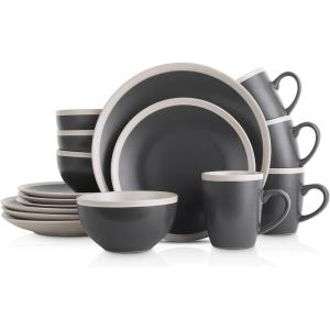 imageStone Lain Serafina Stoneware 16piece Round Dinnerware Set WineDark Gray and Cream