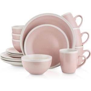 imageStone Lain Serenity 16Piece Stoneware Dinnerware 2Tone Speckles Dark Gray and CreamPink and Cream