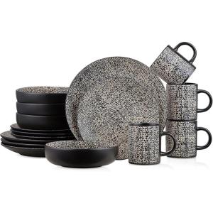 imageStone Lain Sophie Rustic Stoneware Dinnerware Service for 4 Black and White Textured 16 PiecesSophie  Brown and Black
