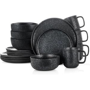 imageStone Lain Tom Stoneware 16Piece Reactive Glaze Dinnerware Set Plates and Bowls Set Microwave and Dishwasher Safe Dish Set for 4 OliveBlackWhite