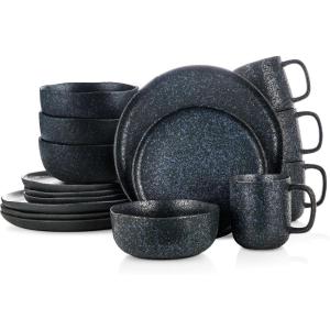 imageStone Lain Tom Stoneware 16Piece Reactive Glaze Dinnerware Set Plates and Bowls Set Microwave and Dishwasher Safe Dish Set for 4 OliveGrey and Blue