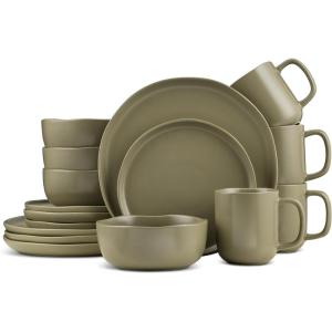 imageStone Lain Tom Stoneware 16Piece Reactive Glaze Dinnerware Set Plates and Bowls Set Microwave and Dishwasher Safe Dish Set for 4 OliveOlive