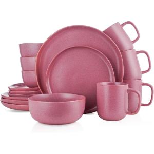 imageStone Lain Tom Stoneware 16Piece Reactive Glaze Dinnerware Set Plates and Bowls Set Microwave and Dishwasher Safe Dish Set for 4 OlivePink and White