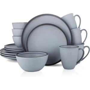 imageStone Lain Vince Stoneware Reactive Glaze Dinnerware Set 16 Piece Service for 4 GrayTina Blue and Gray