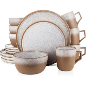 imageStone Lain Vince Stoneware Reactive Glaze Dinnerware Set 16 Piece Service for 4 GrayVince Brown