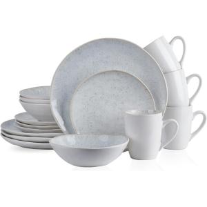 imageStone lain Romy Stoneware 16piece Round Dinnerware Set Spotted WhiteBlack 16Piece Service for 4Spotted WhiteBlack