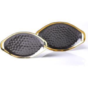 imageStone Lain Florian Porcelain Large and Medium Rectangle Service Platters Black with Gold RimBlack with Gold Rim