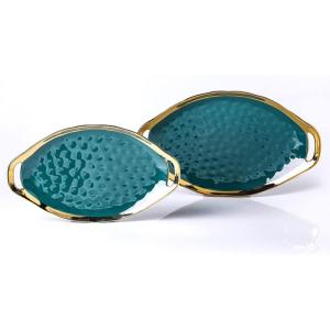imageStone Lain Florian Porcelain Large and Medium Rectangle Service Platters Black with Gold RimGreen with Gold Rim