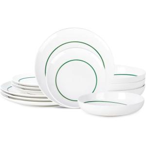 imageStone Lain Luna 12Piece Porcelain Dinnerware Set Plates and Bowls Set Dish Set for 4 GreenGreen