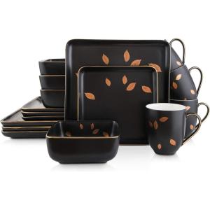 imageStone Lain Porcelain Square Dinnerware Set Black With Gold Leaves Service For 4 16 PieceBlack