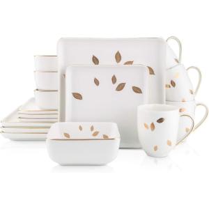imageStone Lain Porcelain Square Dinnerware Set Black With Gold Leaves Service For 4 16 PieceWhite