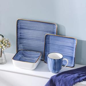 imageStone Lain Esmeralda Porcelain Dinnerware Set Service for 8 32 Pieces Square Green Brushed DesignBlue