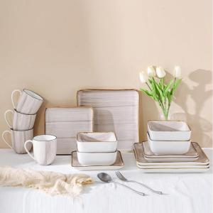 imageStone Lain Esmeralda Porcelain Dinnerware Set Service for 8 32 Pieces Square Green Brushed DesignBrown