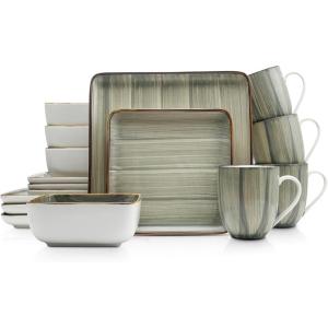 imageStone Lain Esmeralda Porcelain Dinnerware Set Service for 8 32 Pieces Square Green Brushed DesignGreen