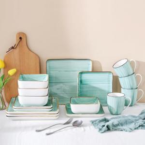 imageStone Lain Esmeralda Porcelain Dinnerware Set Service for 8 32 Pieces Square Green Brushed DesignLight Green