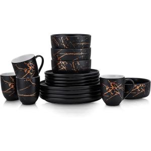 imageStone Lain Modern Splash Exquisite Fine China Dinnerware Set 16 Piece  Service for 4 White ampamp GoldBlack  Gold
