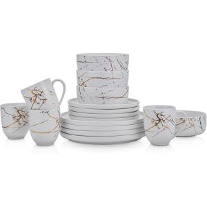 imageStone Lain Modern Splash Exquisite Fine China Dinnerware Set 16 Piece  Service for 4 White ampamp GoldWhite  Gold