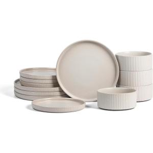 imageStone Lain Haven Stoneware 12Piece Dinnerware Set Plates and Bowls Sets for 4 Elegant Dish Set Includes Dinner Plates Salad Plates Cereal Bowls Microwave ampamp Dishwasher Safe BeigeBeige
