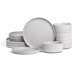 imageStone Lain Haven Stoneware 12Piece Dinnerware Set Plates and Bowls Sets for 4 Elegant Dish Set Includes Dinner Plates Salad Plates Cereal Bowls Microwave ampamp Dishwasher Safe BeigeGray