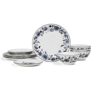 imageStone Lain Esme 12Piece Dinnerware Set Porcelain Plates and Bowls Set Dish Set for 4 Microwave and Dishwasher Safe GreenBlack