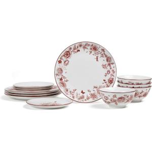 imageStone Lain Esme 12Piece Dinnerware Set Porcelain Plates and Bowls Set Dish Set for 4 Microwave and Dishwasher Safe GreenRed