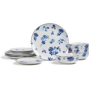 imageStone Lain Viola 12Piece Dinnerware Set Porcelain Plates and Bowls Set Dish Set for 4 Microwave and dishwasher Safe BlueBlue
