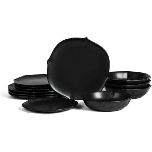 imageStone Lain Baskerville 16Piece Dinnerware Set Stoneware Borosilicate Glass GreenBlack